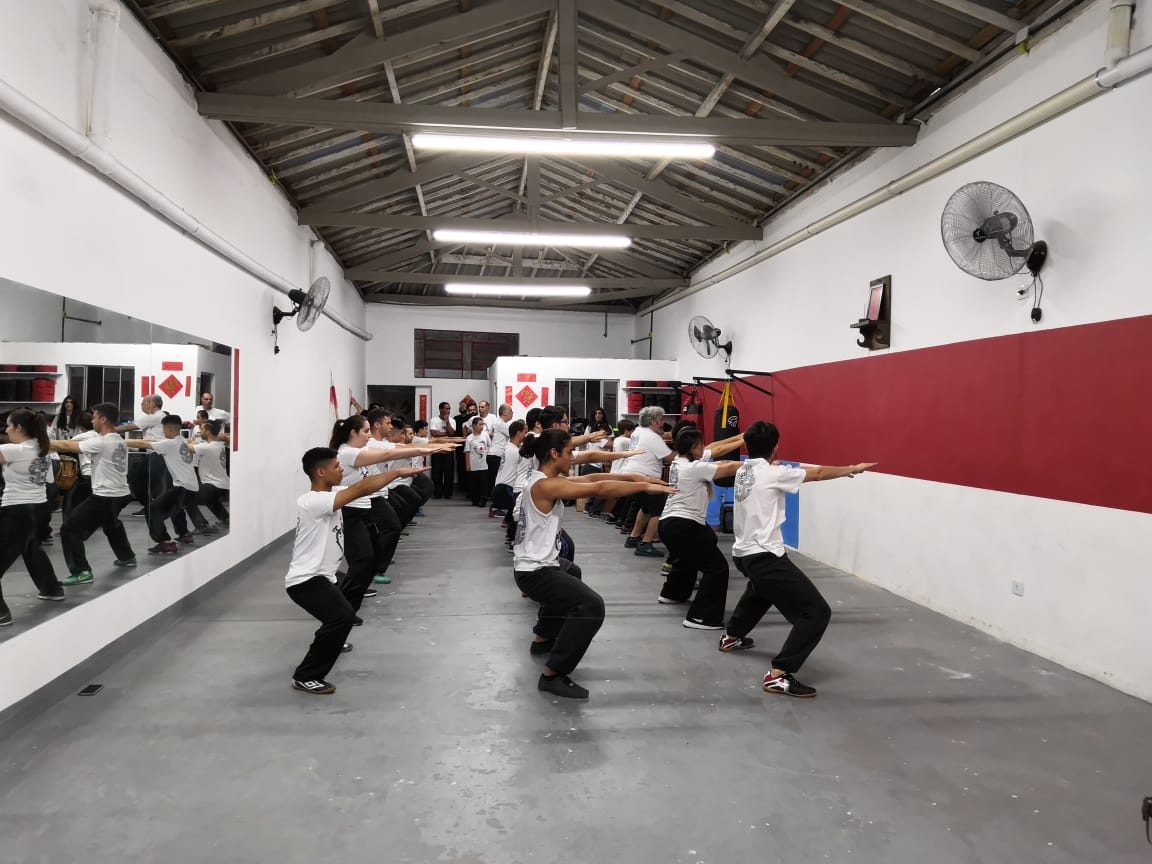 Turma adulta treinando em fileiras no salão