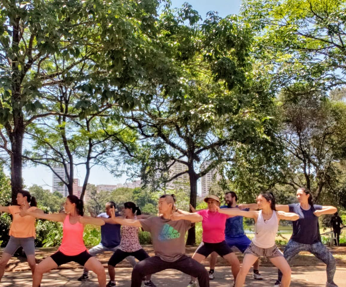 Grupo praticando Tai Chi ao ar livre no parque